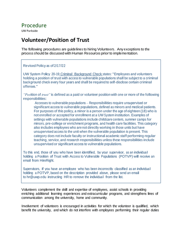 UW Parkside VolunteerPosition Of Trust Procedure screenshot