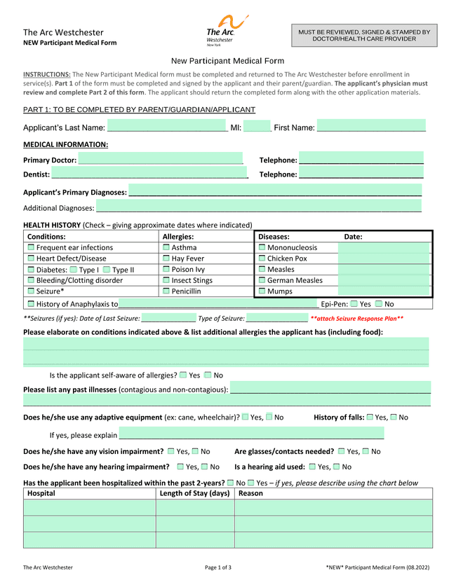 New Participant Medical Form screenshot