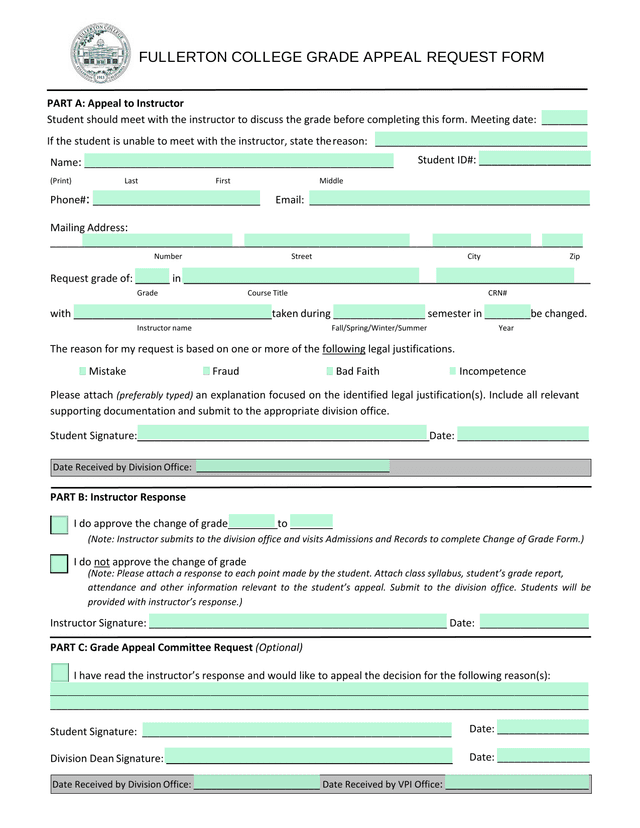 Fullerton College Grade Appeal Request Form screenshot