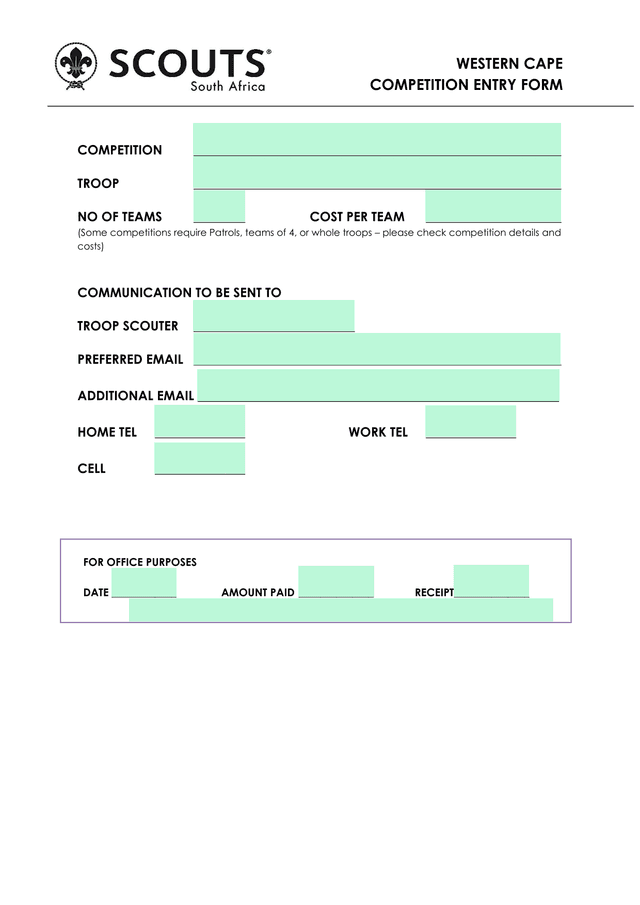 WESTERN CAPE COMPETITION ENTRY FORM screenshot