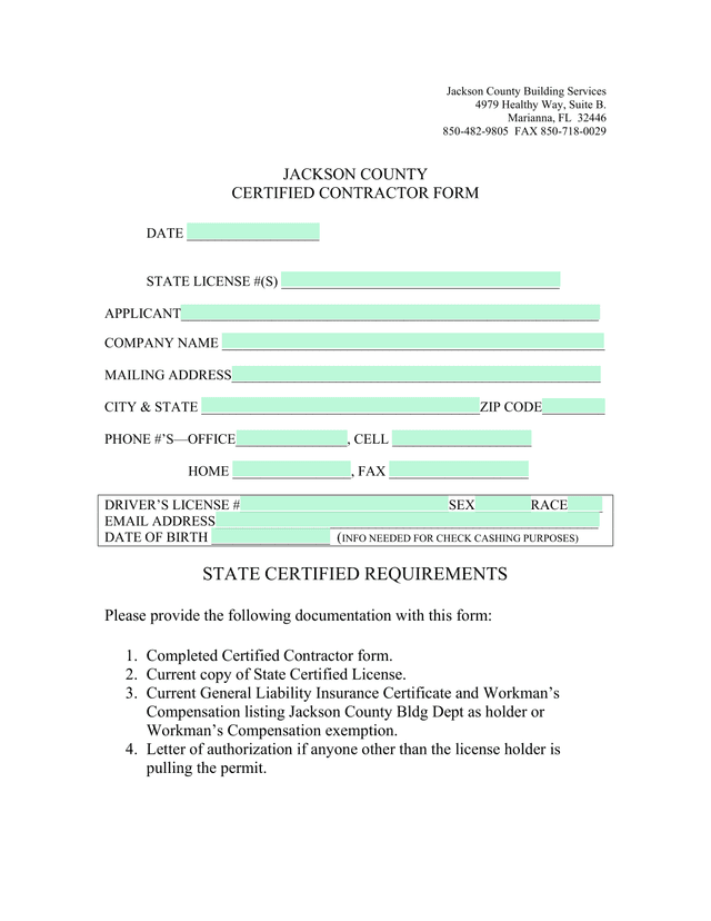 Jackson County Certified Contractor Form screenshot