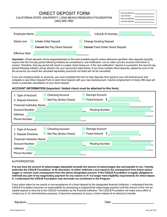Direct Deposit Form screenshot