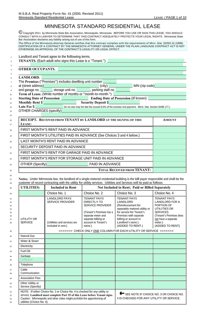 Minnesota Standard Residential Lease screenshot