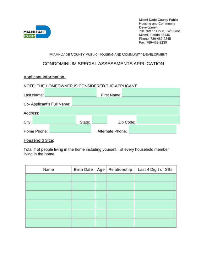 CONDOMINIUM SPECIAL ASSESSMENTS APPLICATION screenshot