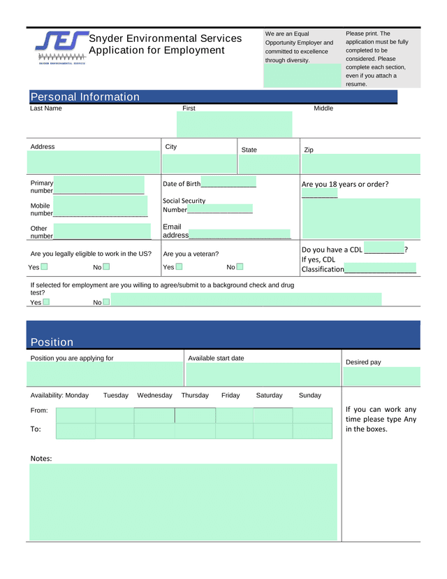 Snyder Environmental Services Application For Employment screenshot