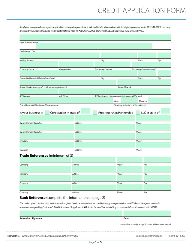 CREDIT APPLICATION FORM screenshot