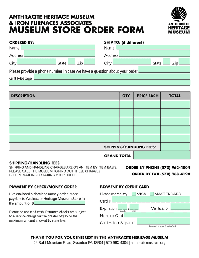 Museum Store Order Form screenshot