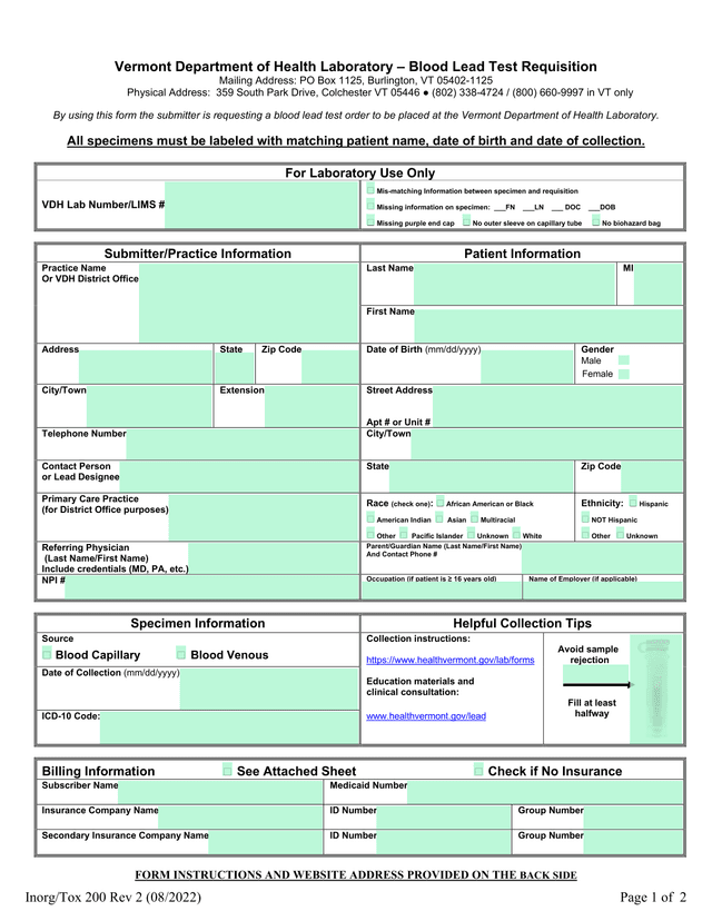 Vermont Department Of Health Laboratory  Blood Lead Test Requisition screenshot