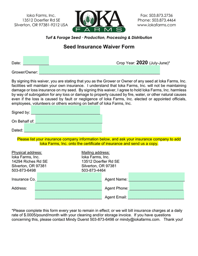 Seed Insurance Waiver Form screenshot