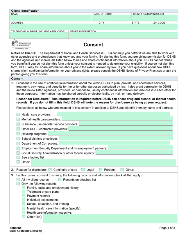DSHS Client Identification And Consent Form screenshot