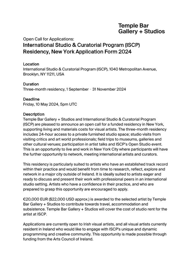 International Studio  Curatorial Program (ISCP) Residency Application Form 2024 screenshot