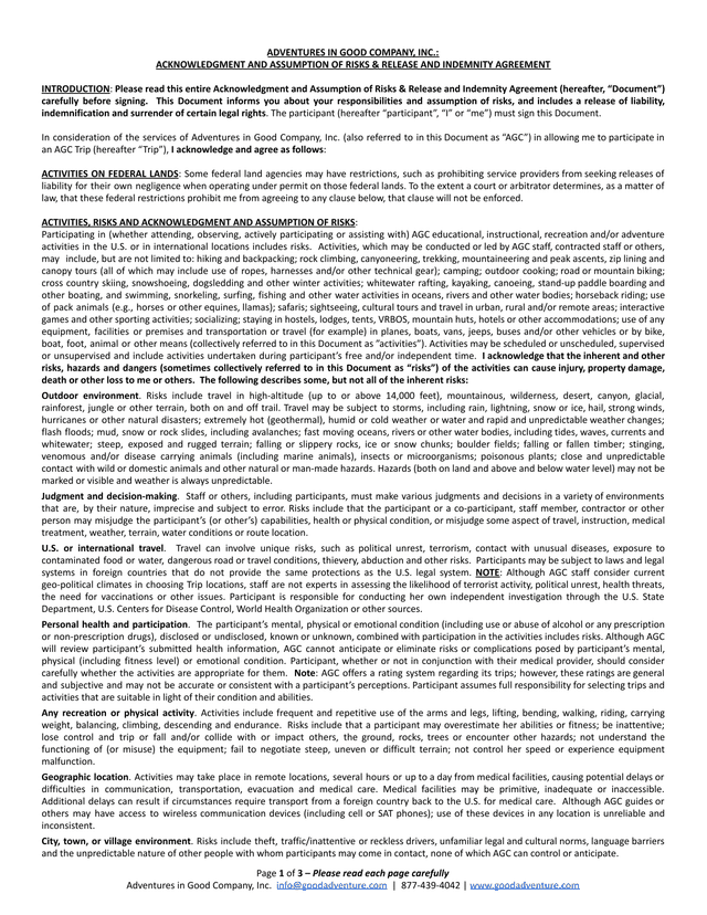 Adventures In Good Company, Inc. Acknowledgment And Assumption Of Risks  Release And Indemnity Agree screenshot