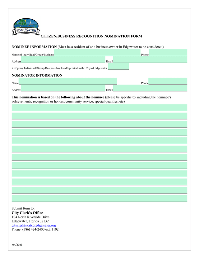 CitizenBusiness Recognition Nomination Form screenshot