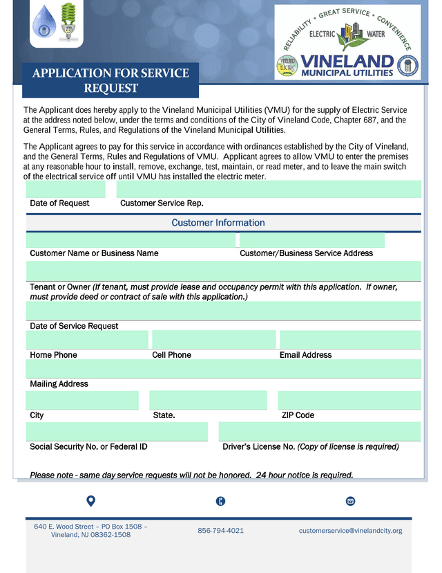 APPLICATION FOR SERVICE REQUEST screenshot