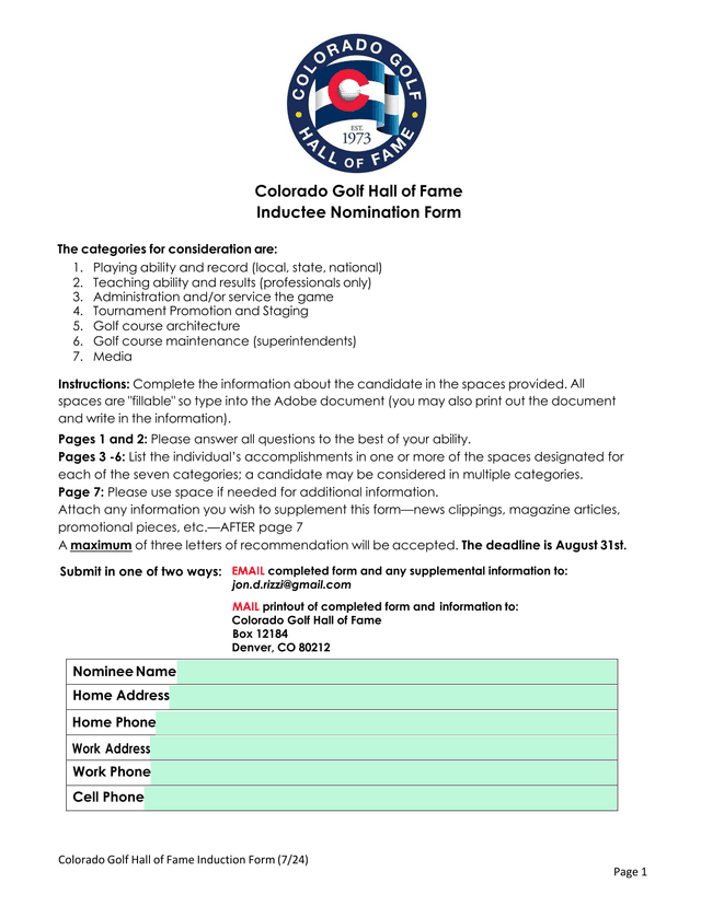 Colorado Golf Hall Of Fame Induction Form (724) screenshot