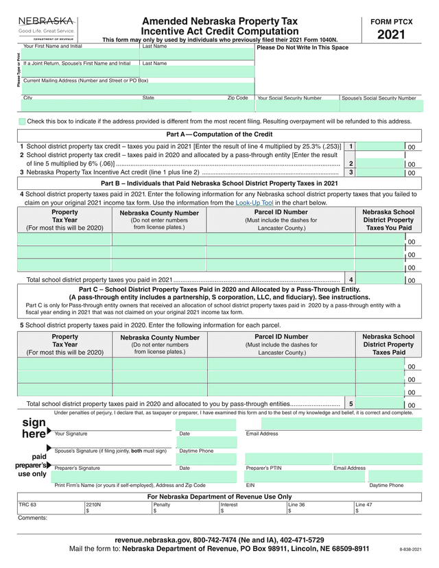 FORM PTCX  Nebraska Property Tax Incentive Act Credit Computation screenshot