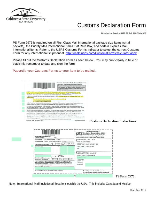 Customs Declaration Form screenshot