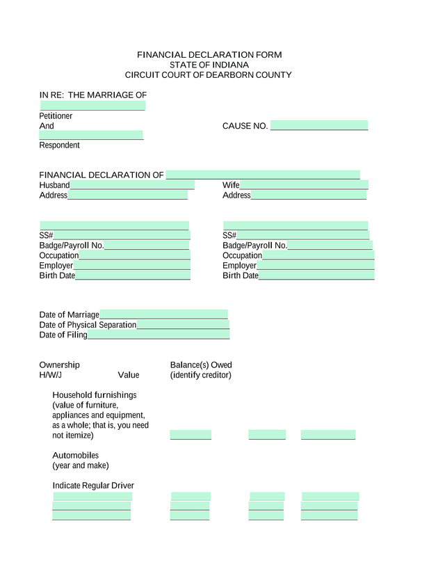 FINANCIAL DECLARATION FORM screenshot