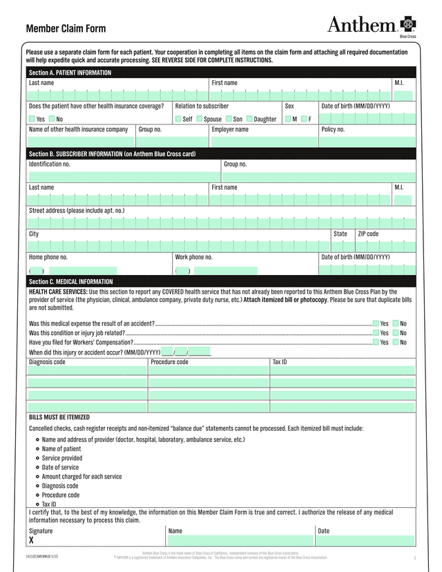 Member Claim Form screenshot