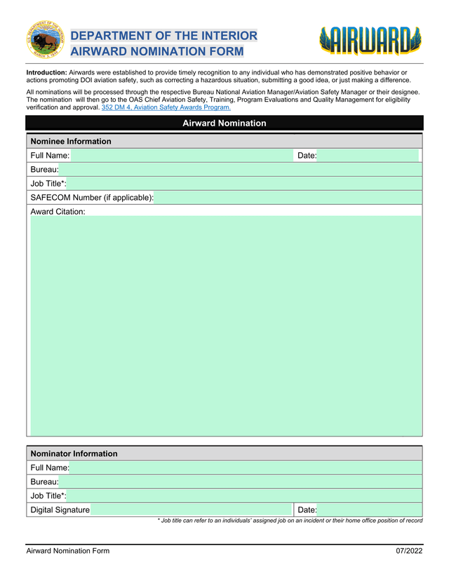 Airward Nomination Form screenshot