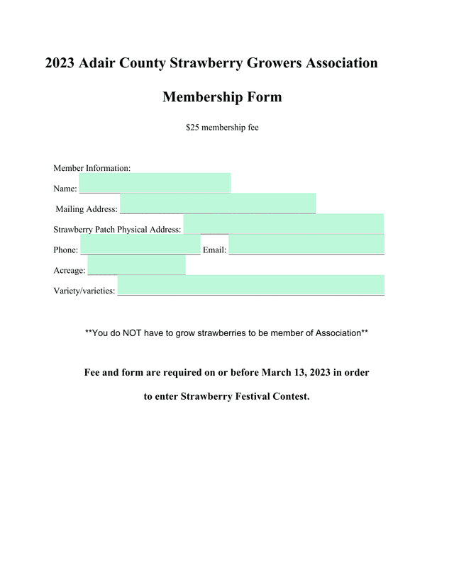 2023 Adair County Strawberry Growers Association Membership Form screenshot
