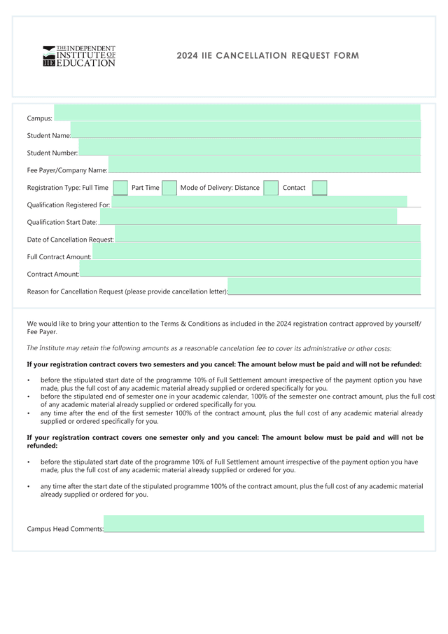 2024 IIE Cancellation Request Form screenshot
