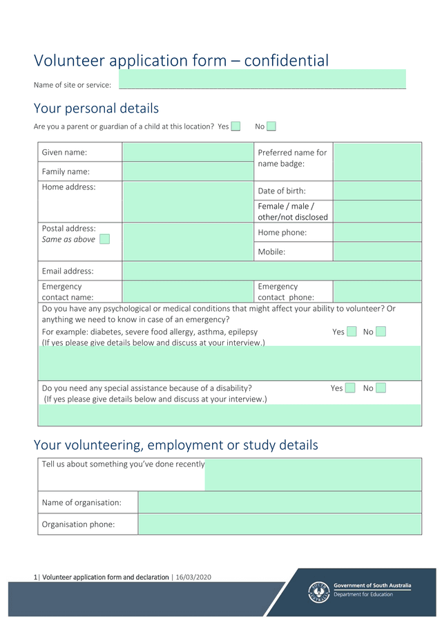 Volunteer Application Form And Declaration screenshot