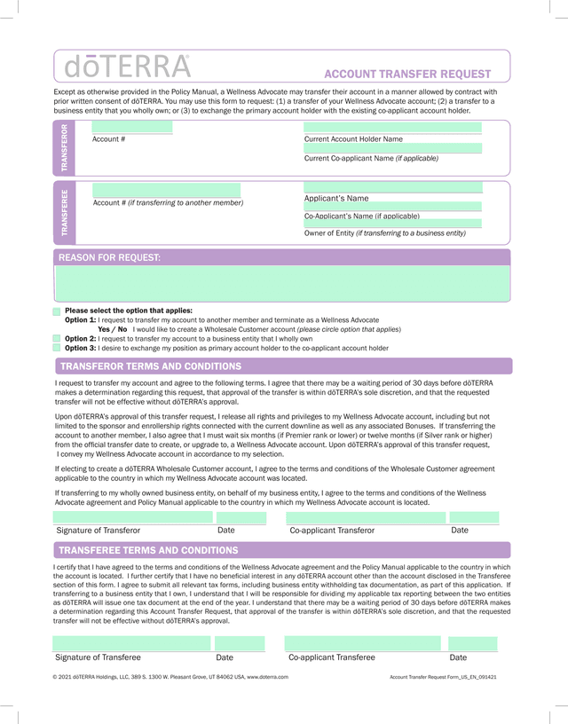 Account Transfer Request Form screenshot