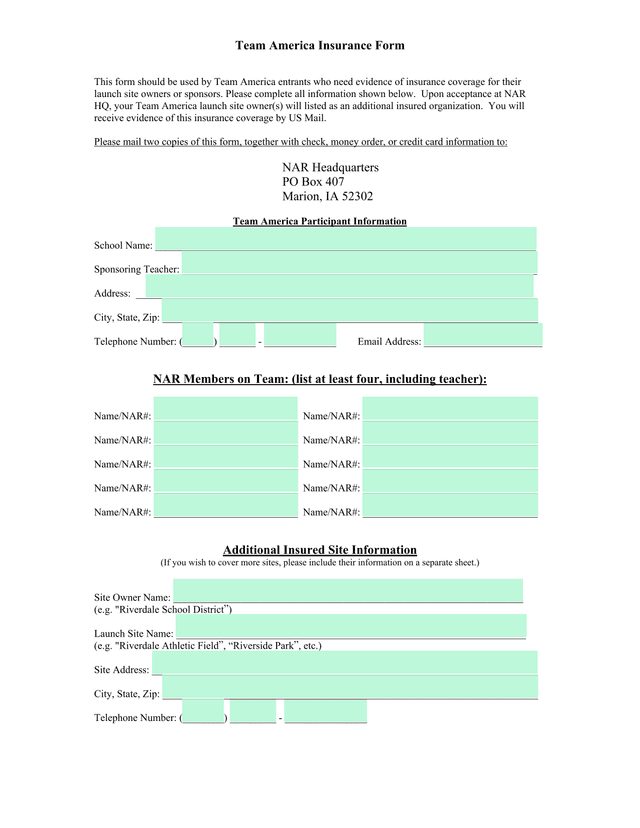 Team America Insurance Form screenshot
