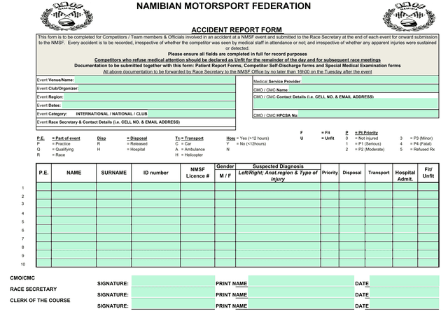 Namibian Motorsport Federation Accident Report Form screenshot