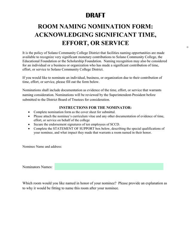 Room Naming Nomination Form Acknowledging Significant Time, Effort, Or Service screenshot