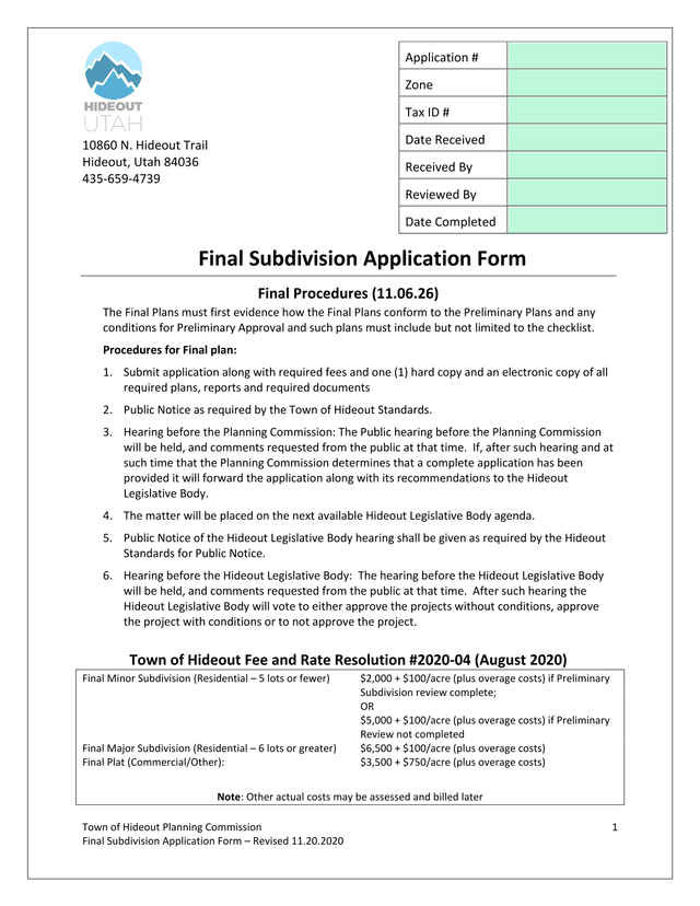 Final Subdivision Application Form screenshot