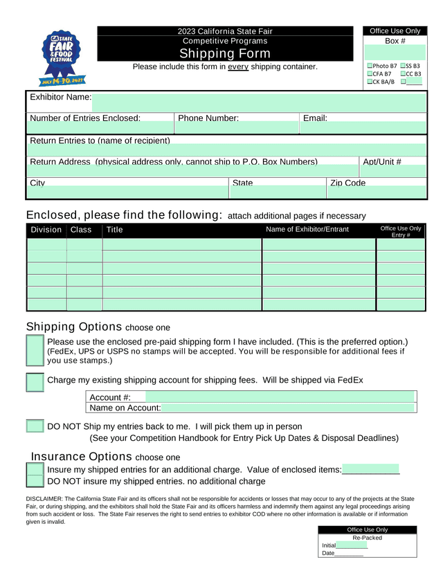2023 California State Fair Shipping Form screenshot