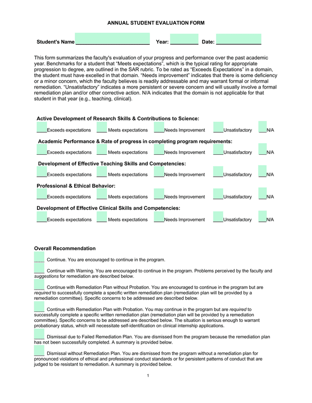 Annual Student Evaluation Form screenshot