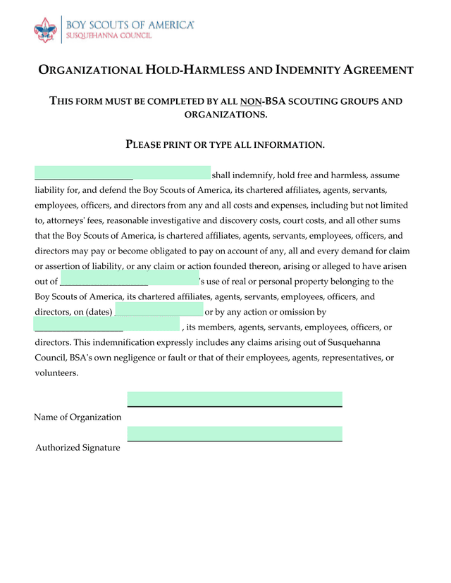 Organizational Hold Harmless And Indemnity Agreement screenshot