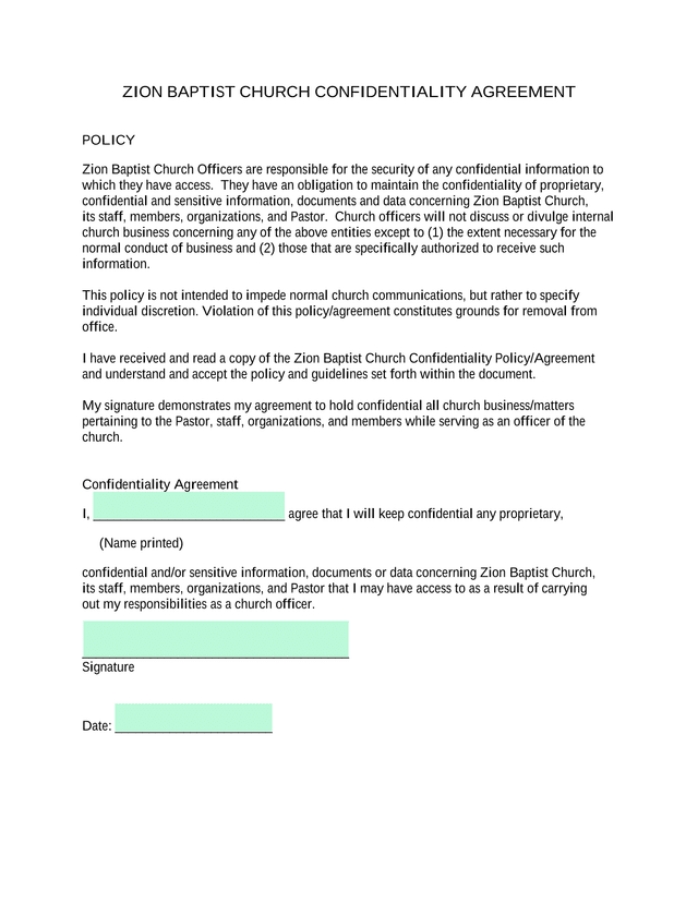 Zion Baptist Church Confidentiality Agreement screenshot