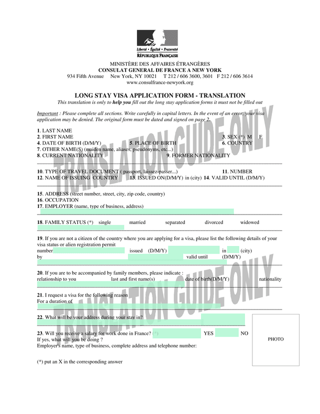 Long Stay Visa Application Form   Translation screenshot