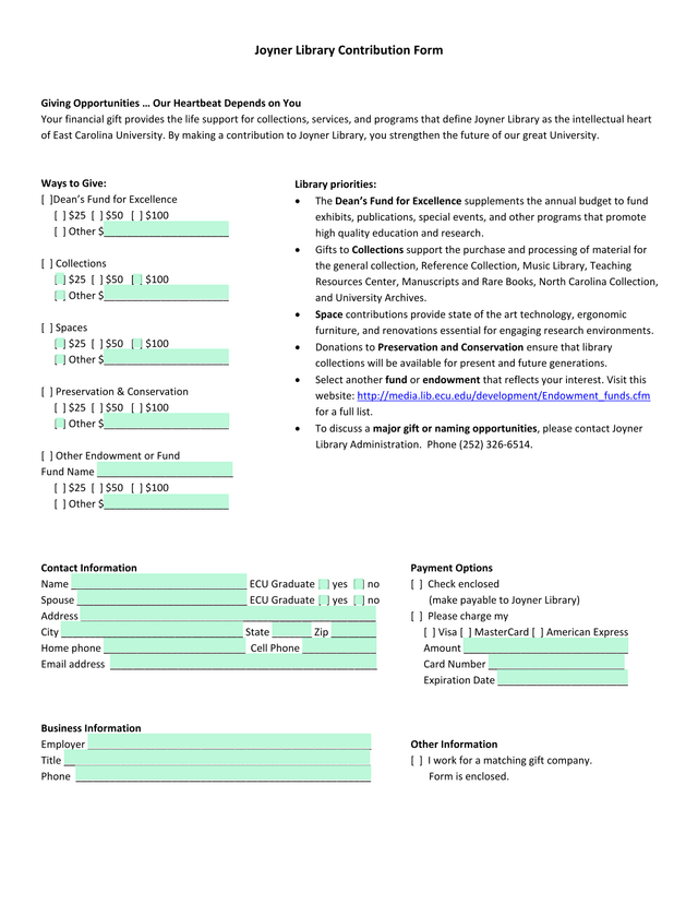Joyner Library Contribution Form screenshot