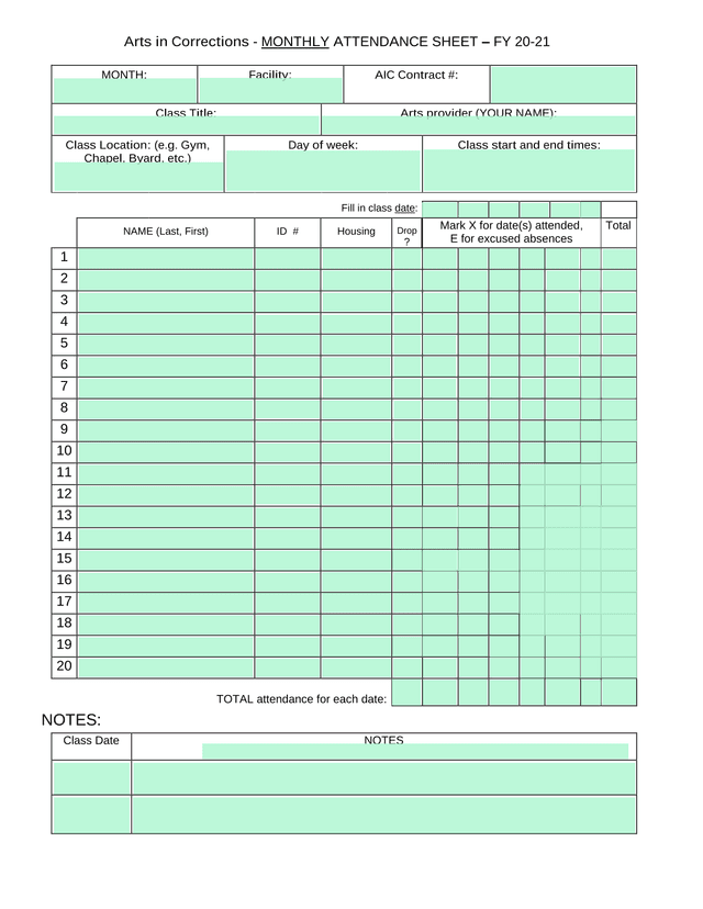Arts In Corrections   MONTHLY ATTENDANCE SHEET  FY 20 21 screenshot