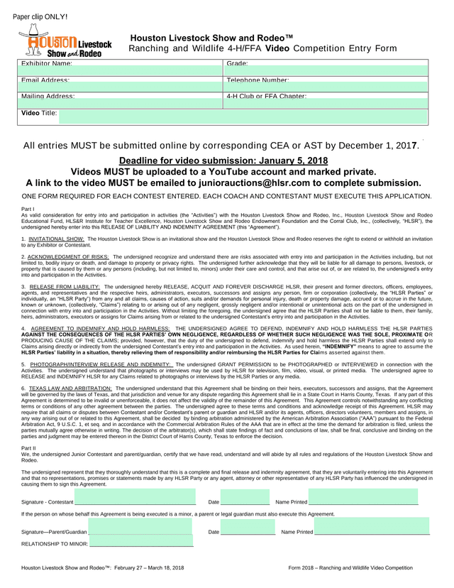 Houston Livestock Show And Rodeo Ranching And Wildlife 4 HFFA Video Competition Entry Form screenshot