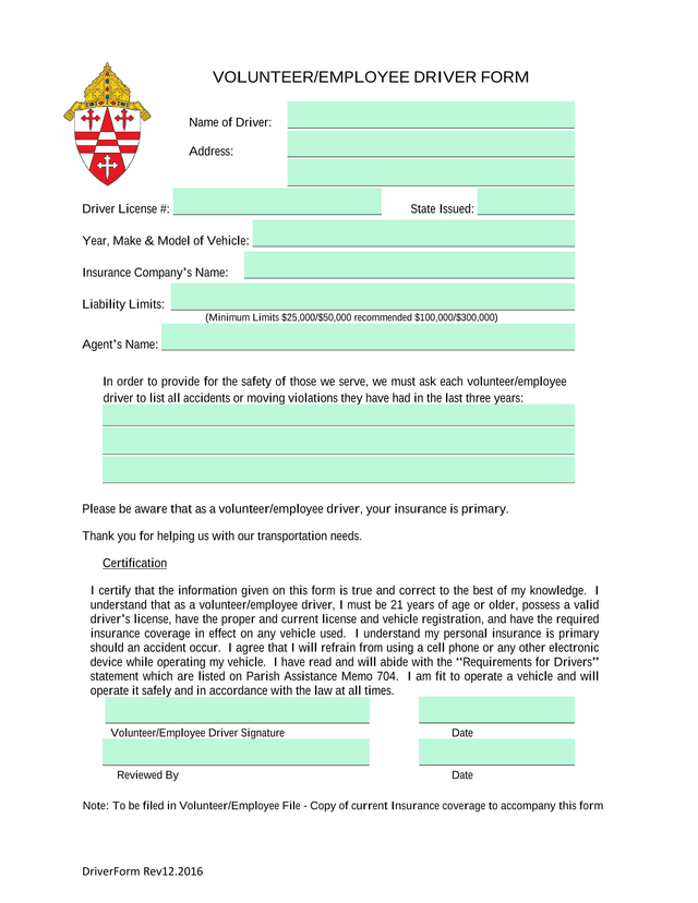 DriverForm Rev12.2016 VOLUNTEEREMPLOYEE DRIVER FORM screenshot