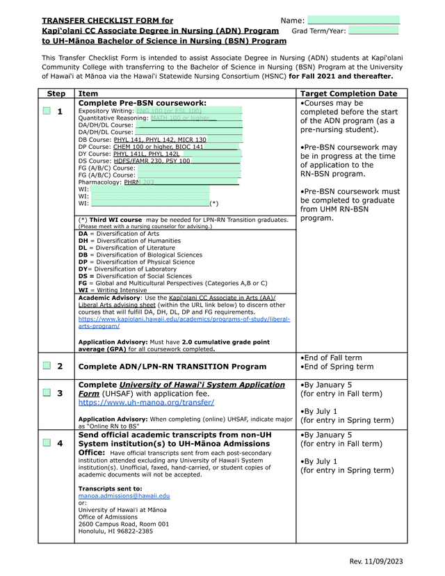 Transfer Checklist Form For KapiOlani CC To UH Mnoa Nursing Program screenshot