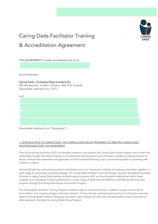 Caring Dads Facilitator Training  Accreditation Agreement screenshot