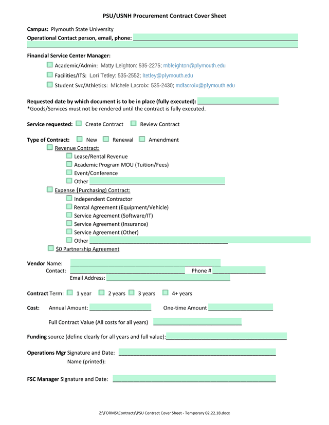 PSUUSNH Procurement Contract Cover Sheet screenshot