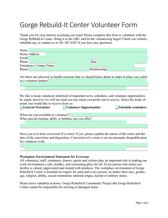 Gorge Rebuild It Center Volunteer Form screenshot