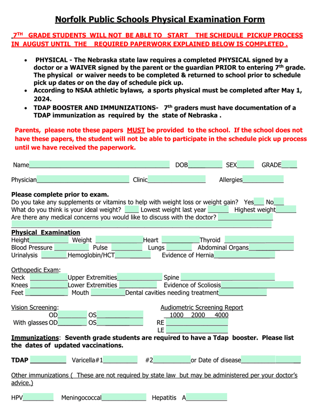 Norfolk Public Schools Physical Examination Form screenshot