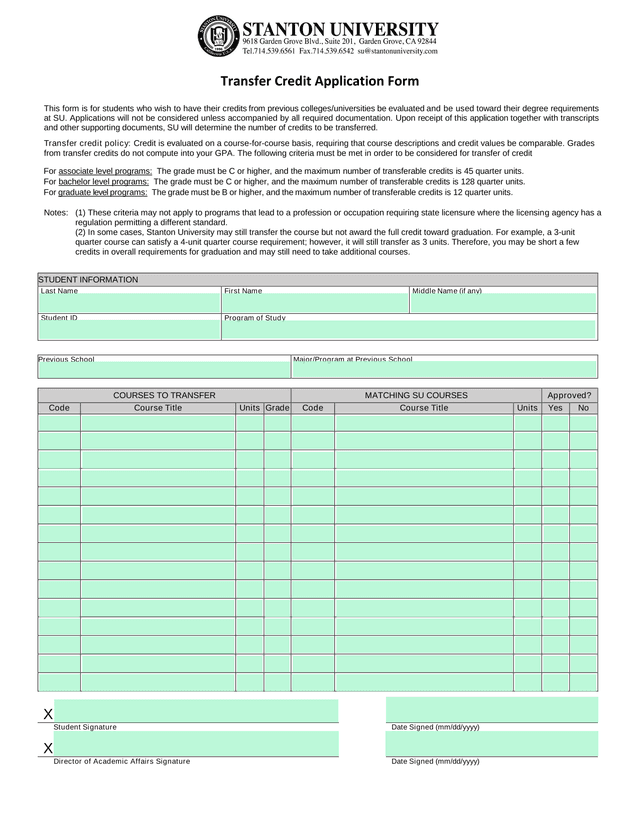 Transfer Credit Application Form screenshot