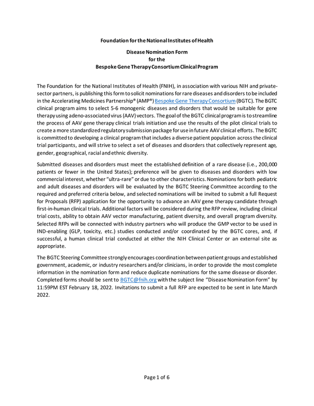 Disease Nomination Form For The Bespoke Gene Therapy Consortium Clinical Program screenshot