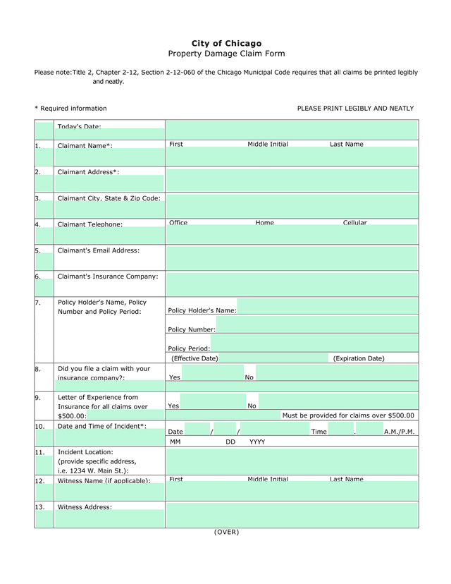 City Of Chicago Property Damage Claim Form screenshot