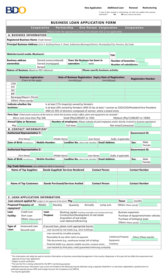 Business Loan Application Form screenshot